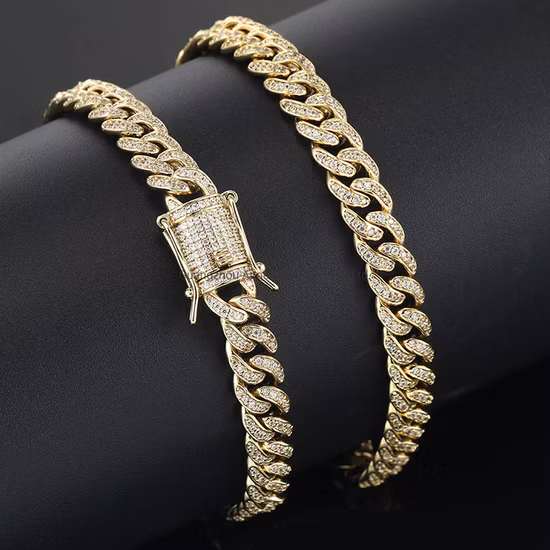Conjunto de joyería personalizada de fábrica Oro de 18 quilates Plata de ley 925 o latón Accesorios de moda Anillo Pulsera Collares Joyería de eslabones cubanos de Hip Hop para hombres y mujeres